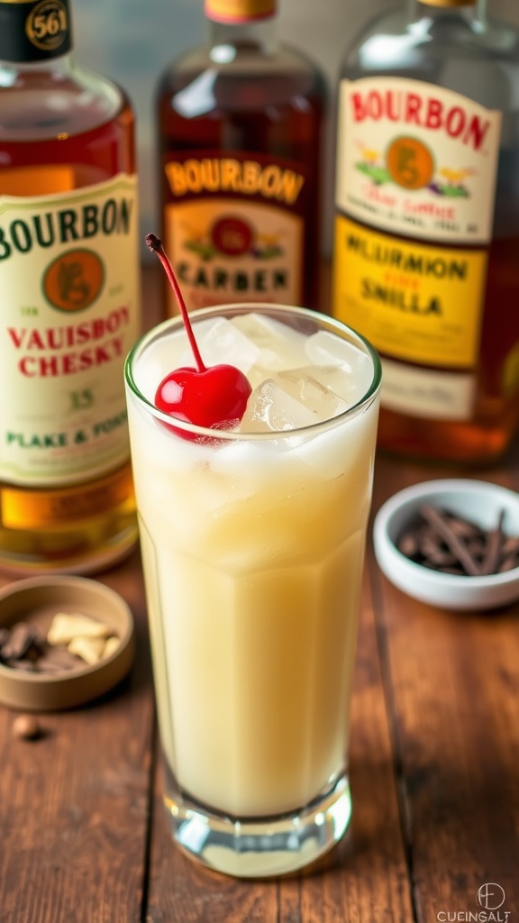 Vanilla Bourbon Cream Soda in a glass with ice and cherry garnish on a rustic table.